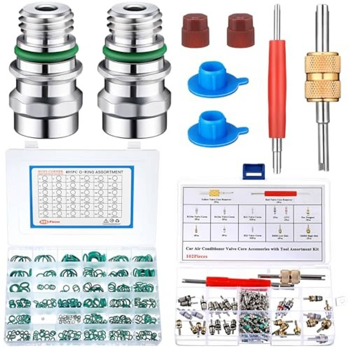 Car A/C valve core repair kit accessories: valve cores, o-rings, and service tool parts