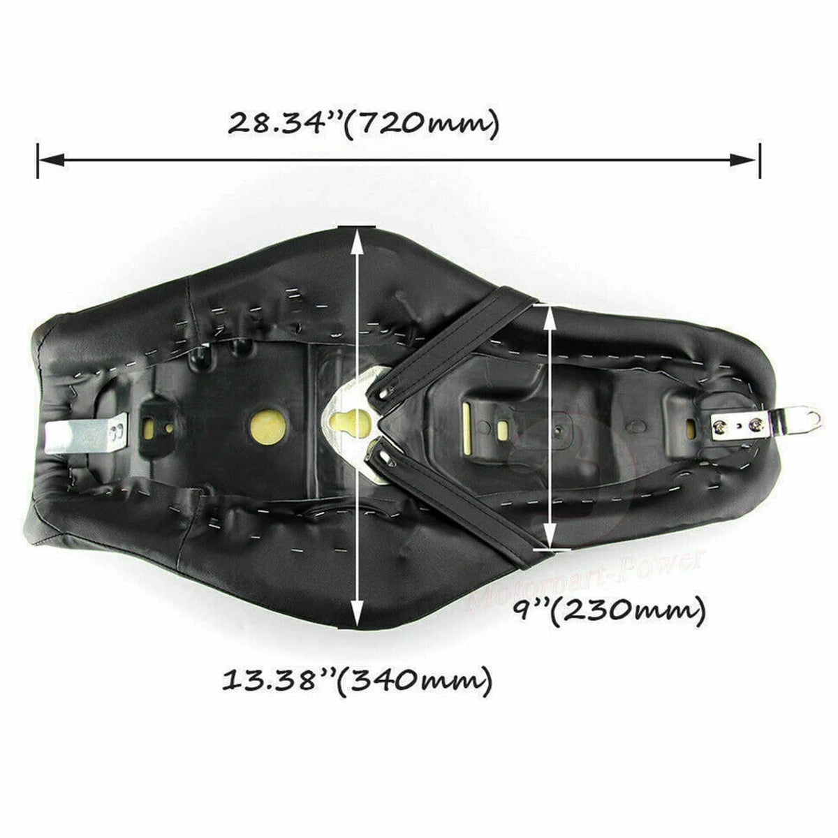 Underside of black motorcycle seat pan with mounting straps and hardware