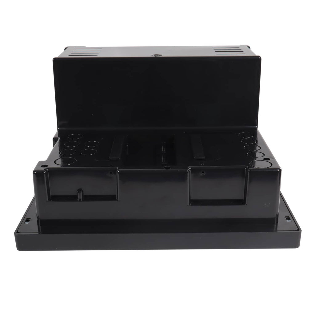RV power converter power center with front cover open, showing empty compartment