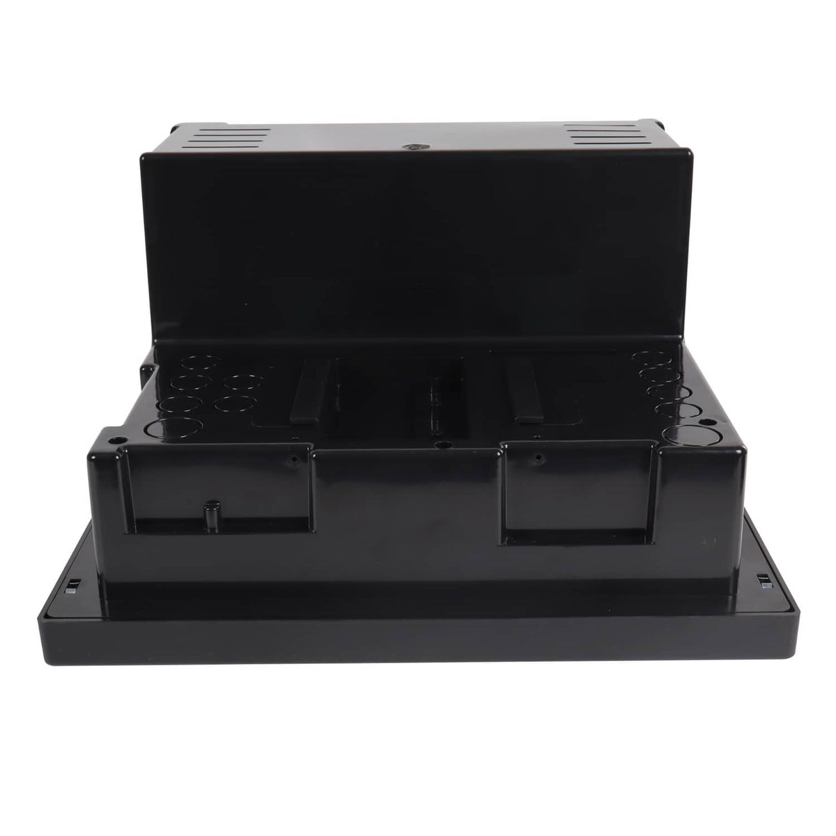 RV power converter power center with front cover open, showing empty compartment