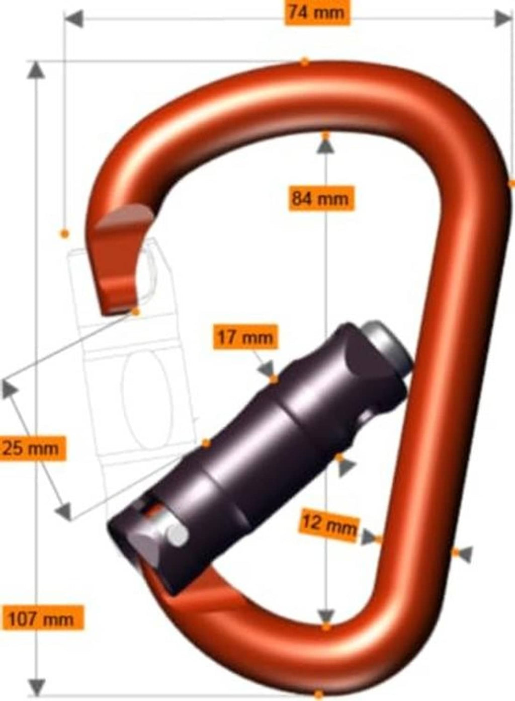 Orange carabiner size diagram with gate dimensions and black locking mechanism