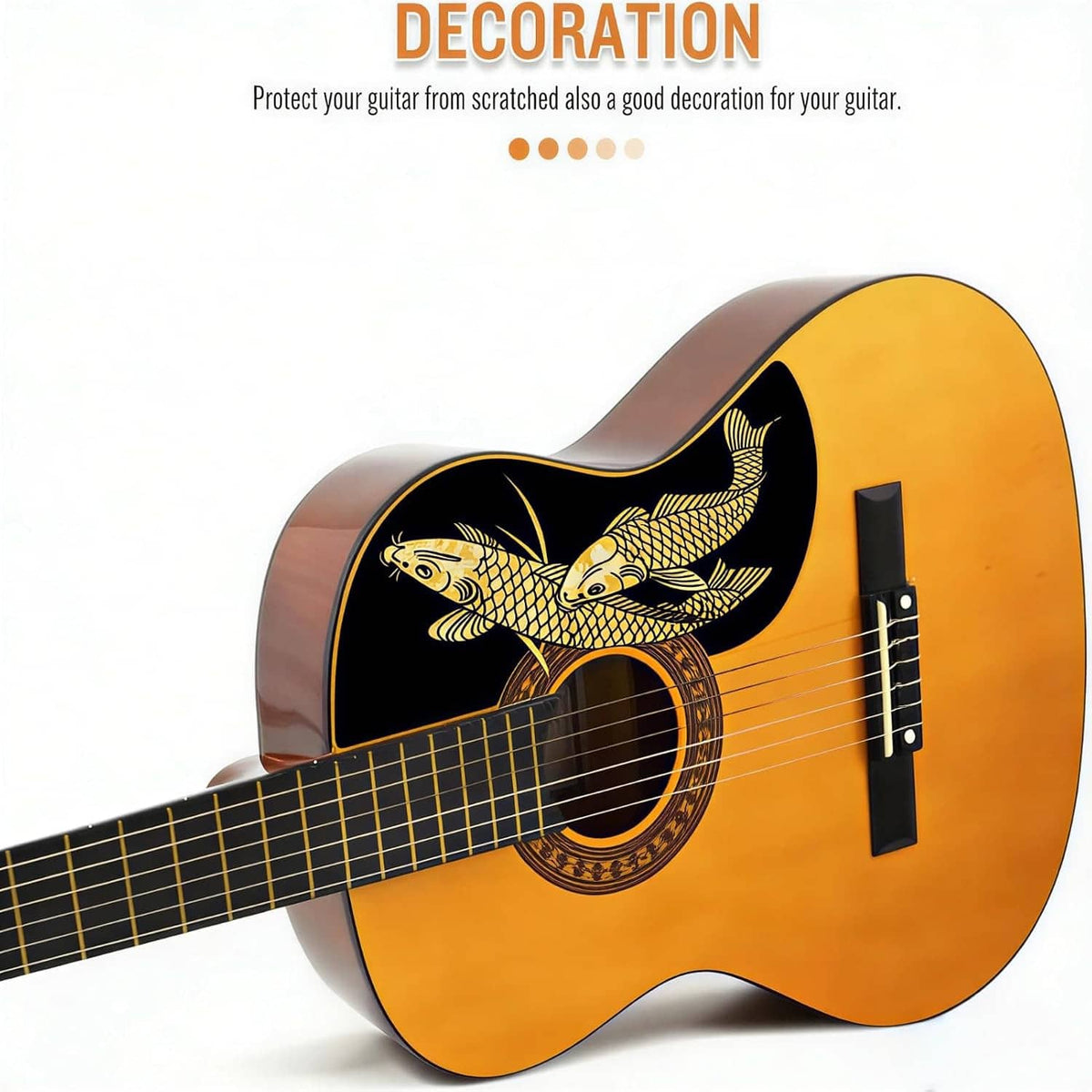 Guitar pickguard sticker on acoustic guitar, black teardrop with gold carp design