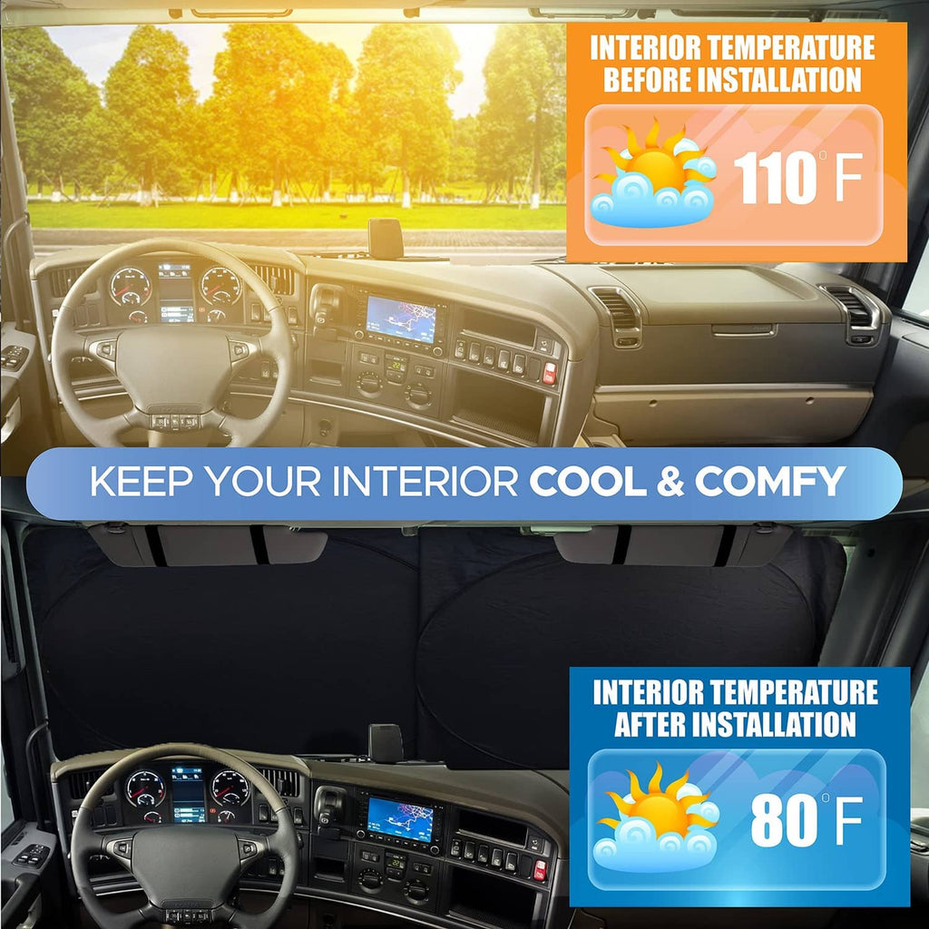 RV interior with windshield sunshade installed, reducing heat buildup