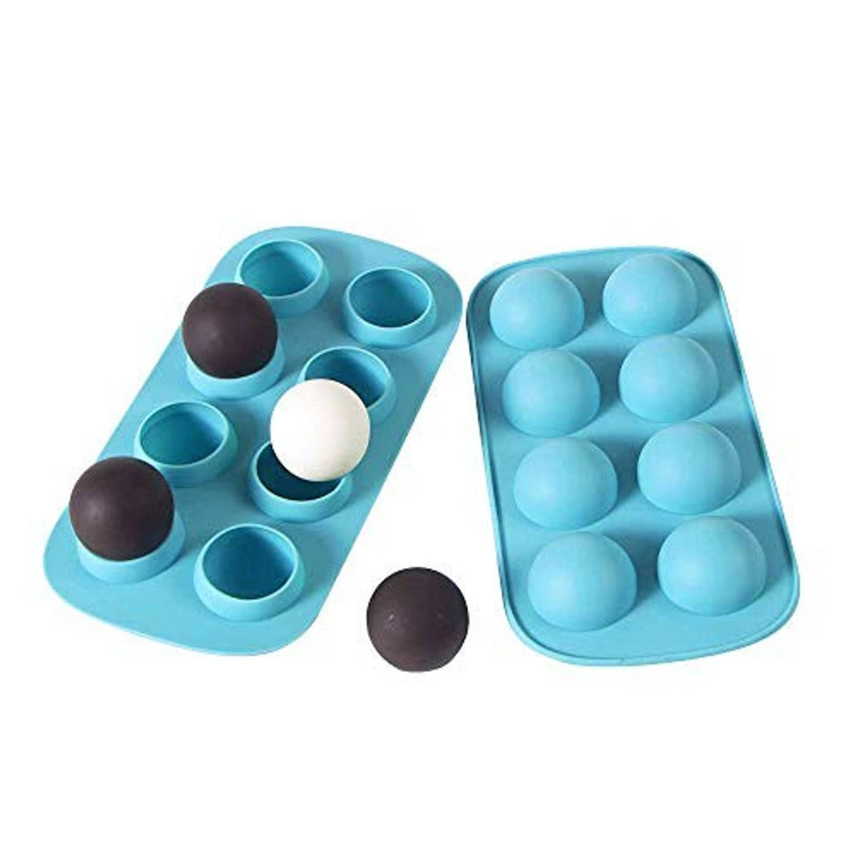 Light blue silicone sphere mold set with trays showing round cavities and chocolate pieces