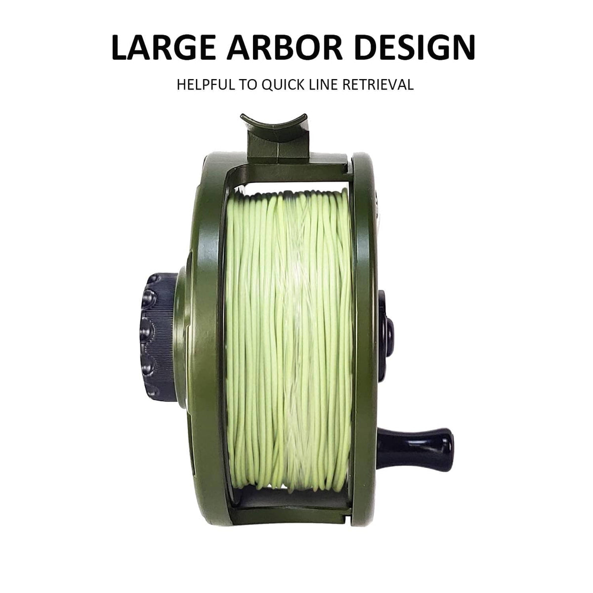 HVCE fly reel with pale green line loaded on olive housing and front knob