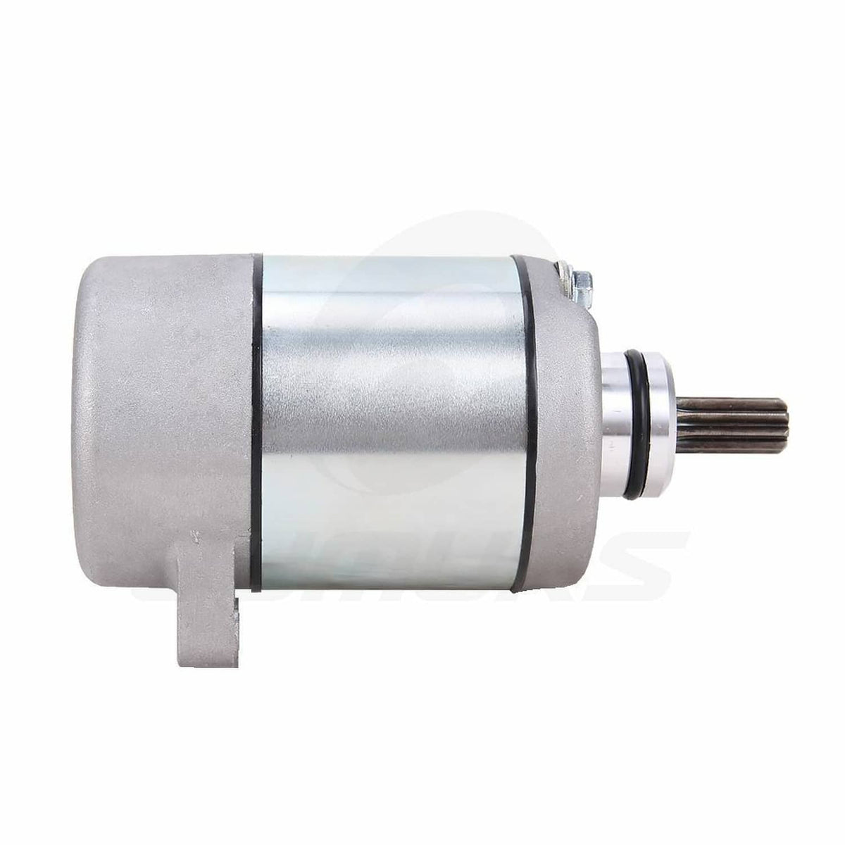 Silver starter motor side profile with black seal ring and splined drive shaft