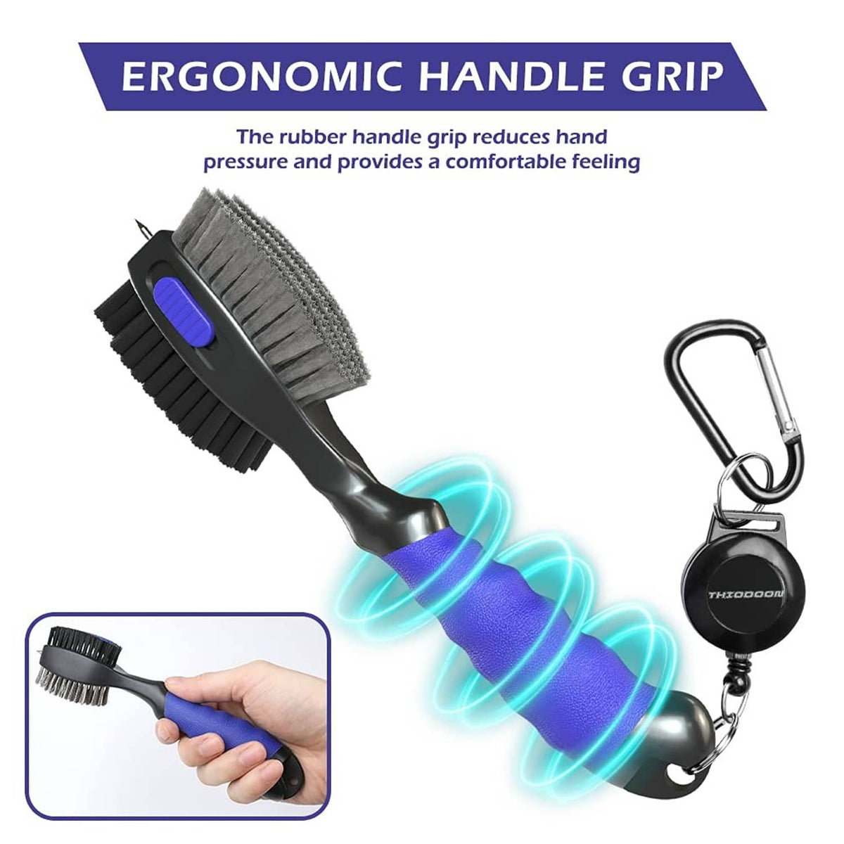 Golf club brush with ergonomic rubber grip and retractable groove cleaner, black and blue