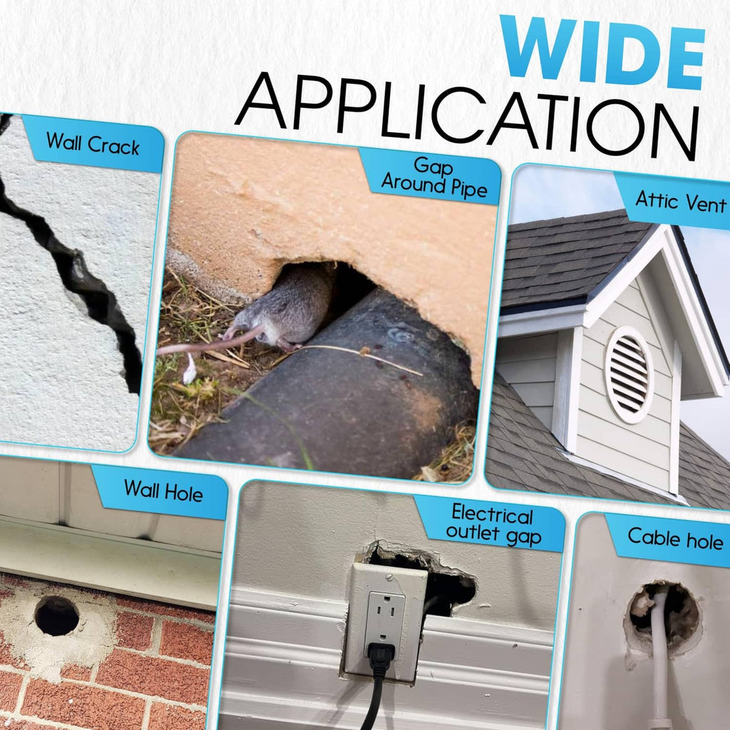 Rodent barrier kit application guide showing foam sealing around wall cracks and openings