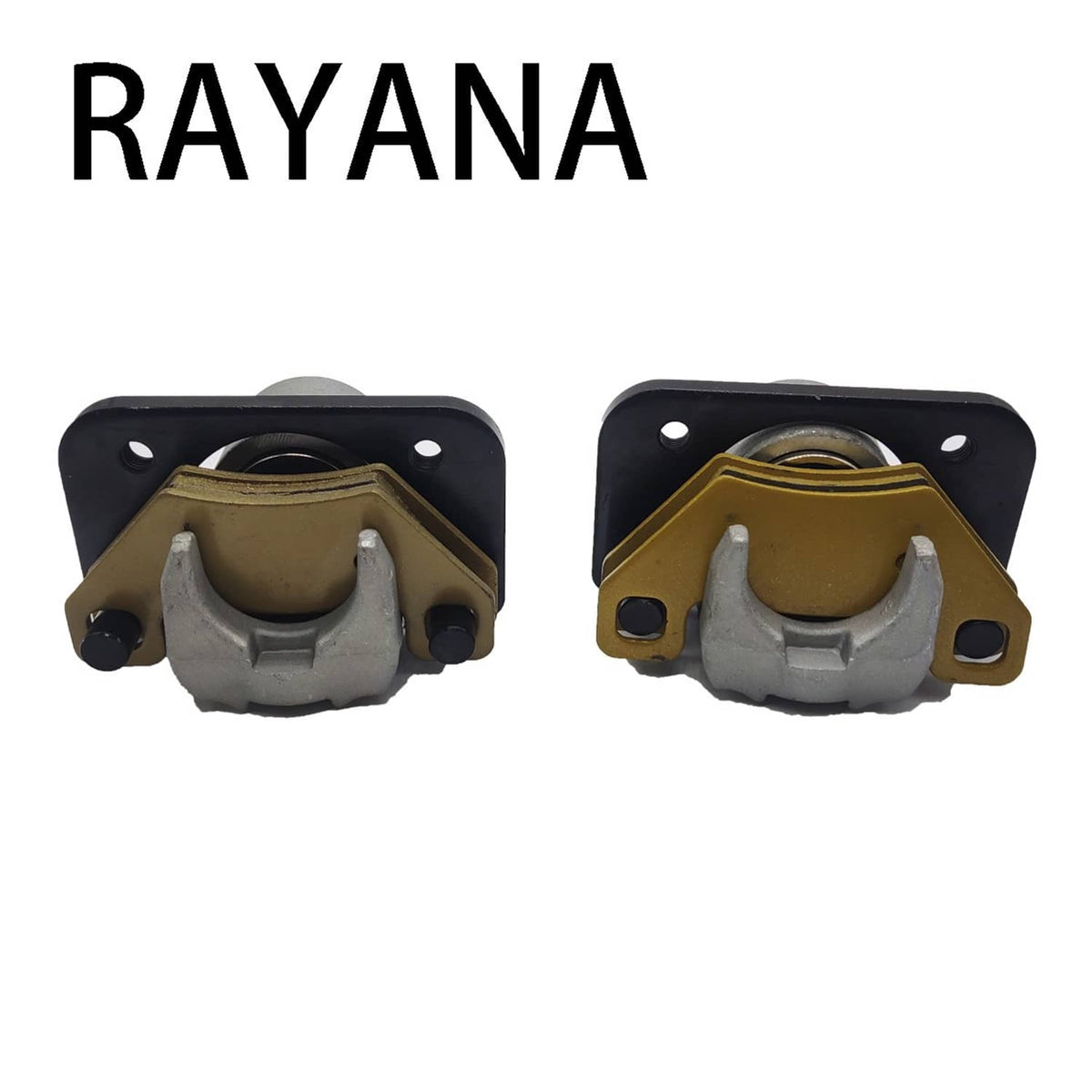 Front brake caliper assembly with gray body, yellow pads, and black mounting plate.