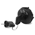 Ignition starter switch with two keys, black circular switch housing and key ring