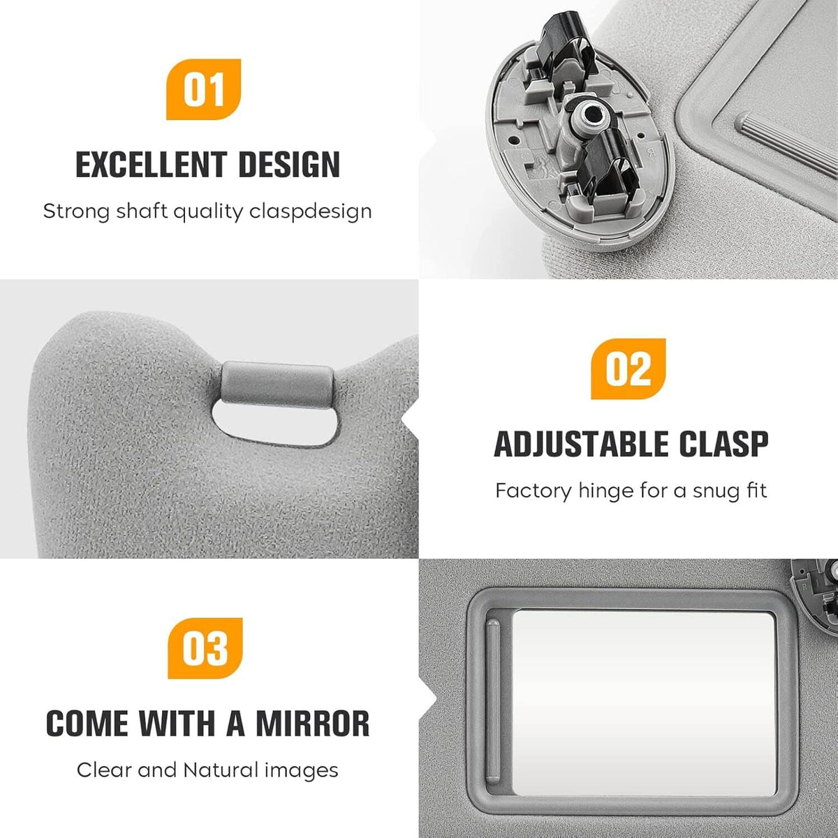 Gray sun visor details: hinge bracket, adjustable clasp, and rectangular mirror panel