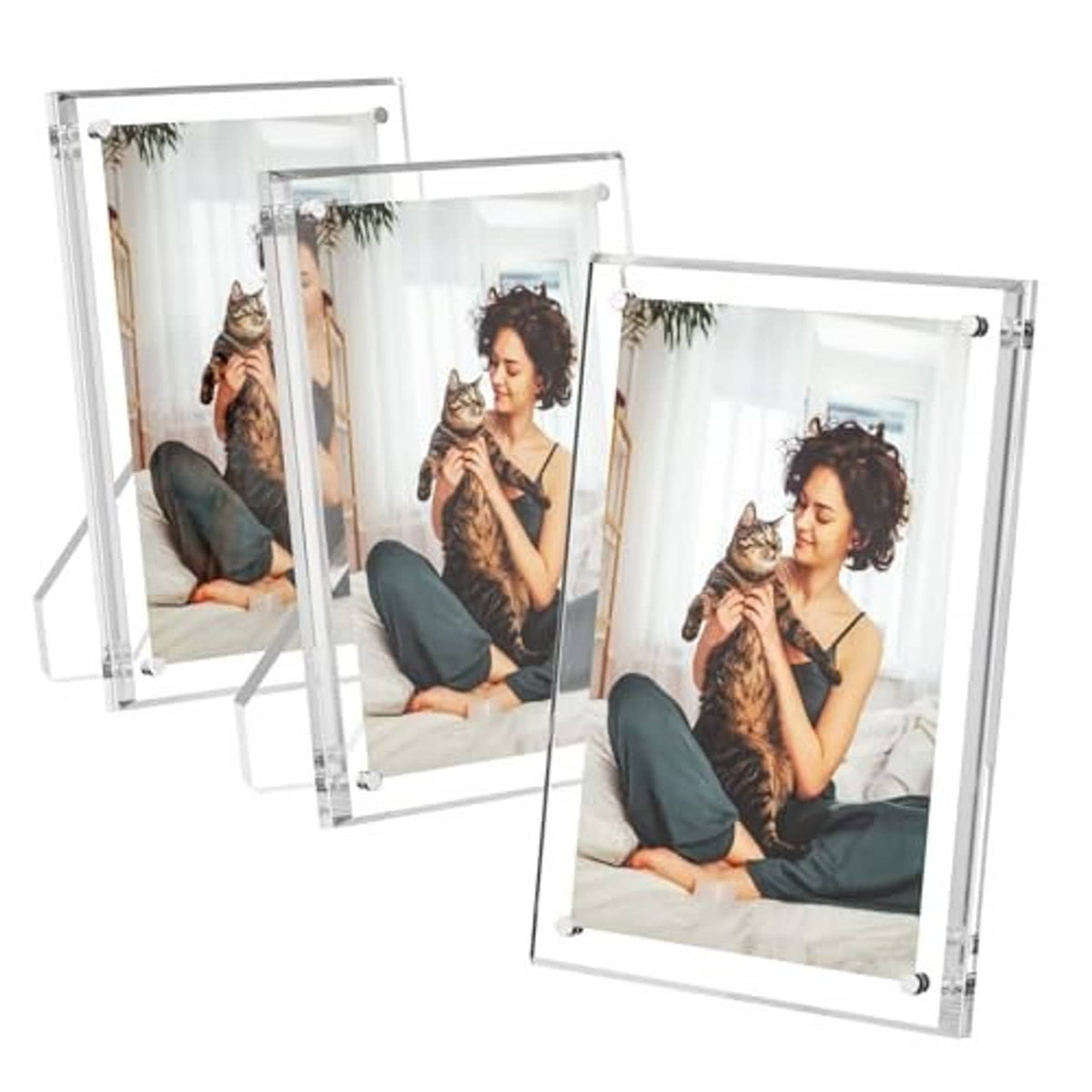 Clear acrylic 5x7 picture frames with easel stands, angled view