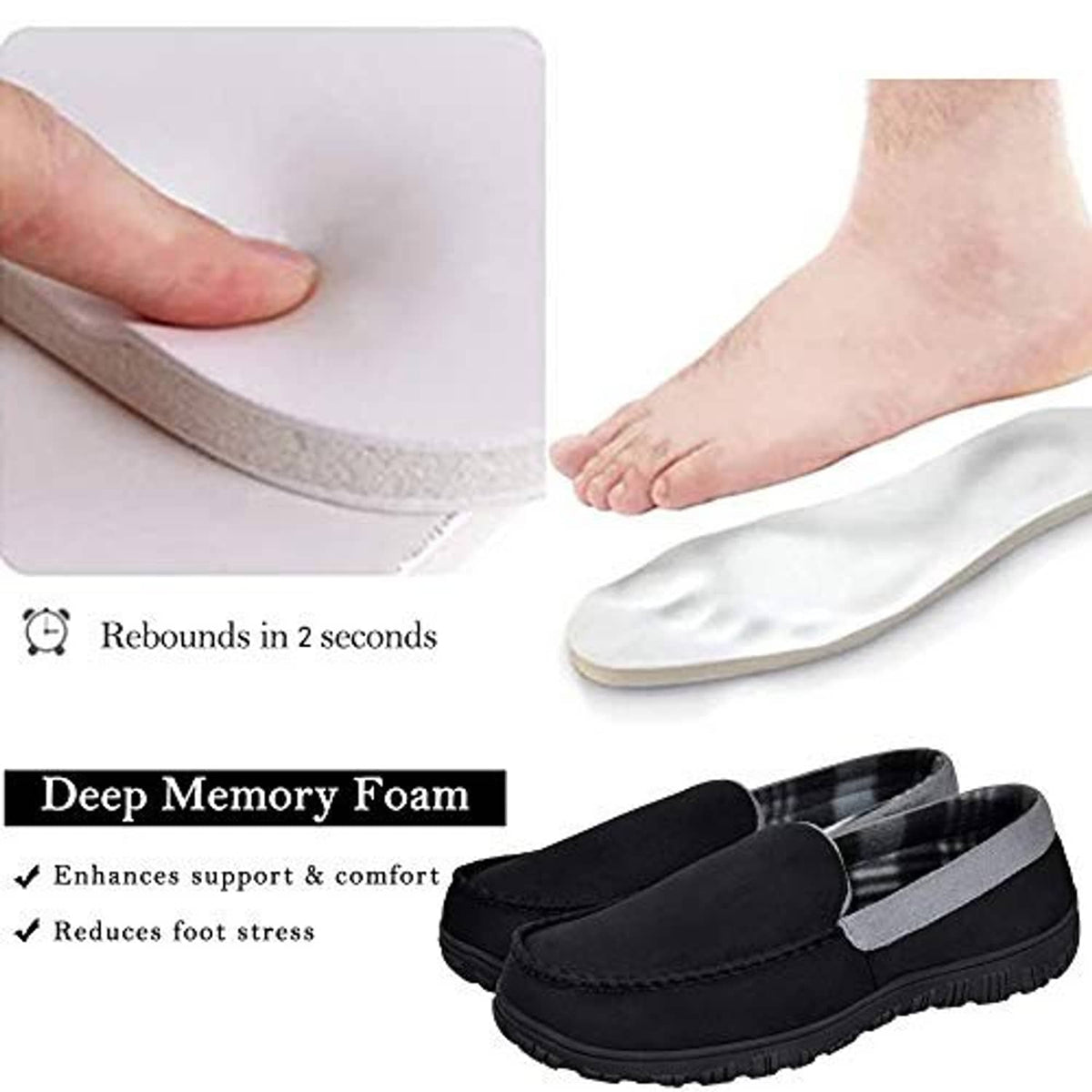 Men’s black moccasin slippers with gray trim and cushioned footbed