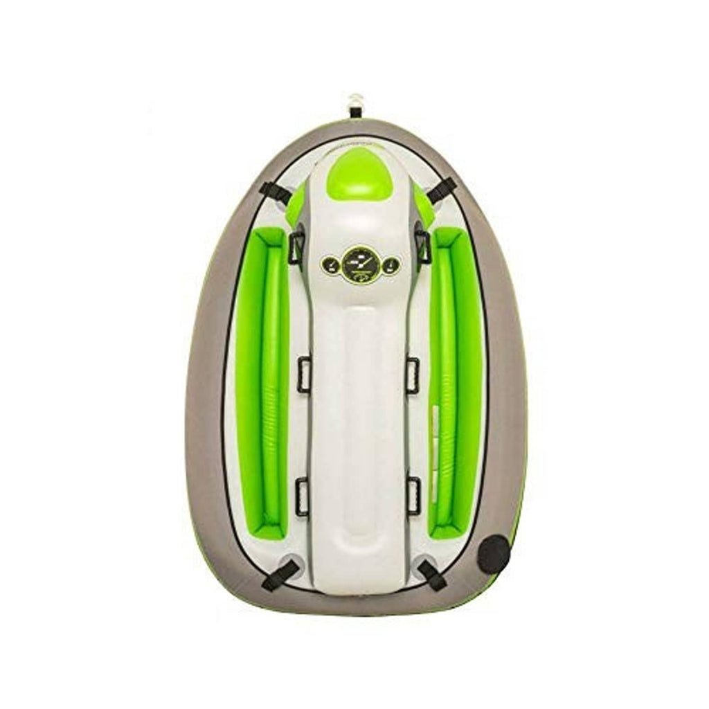 Front view of a 2-rider towable tube with white interior floor and neon green side panels