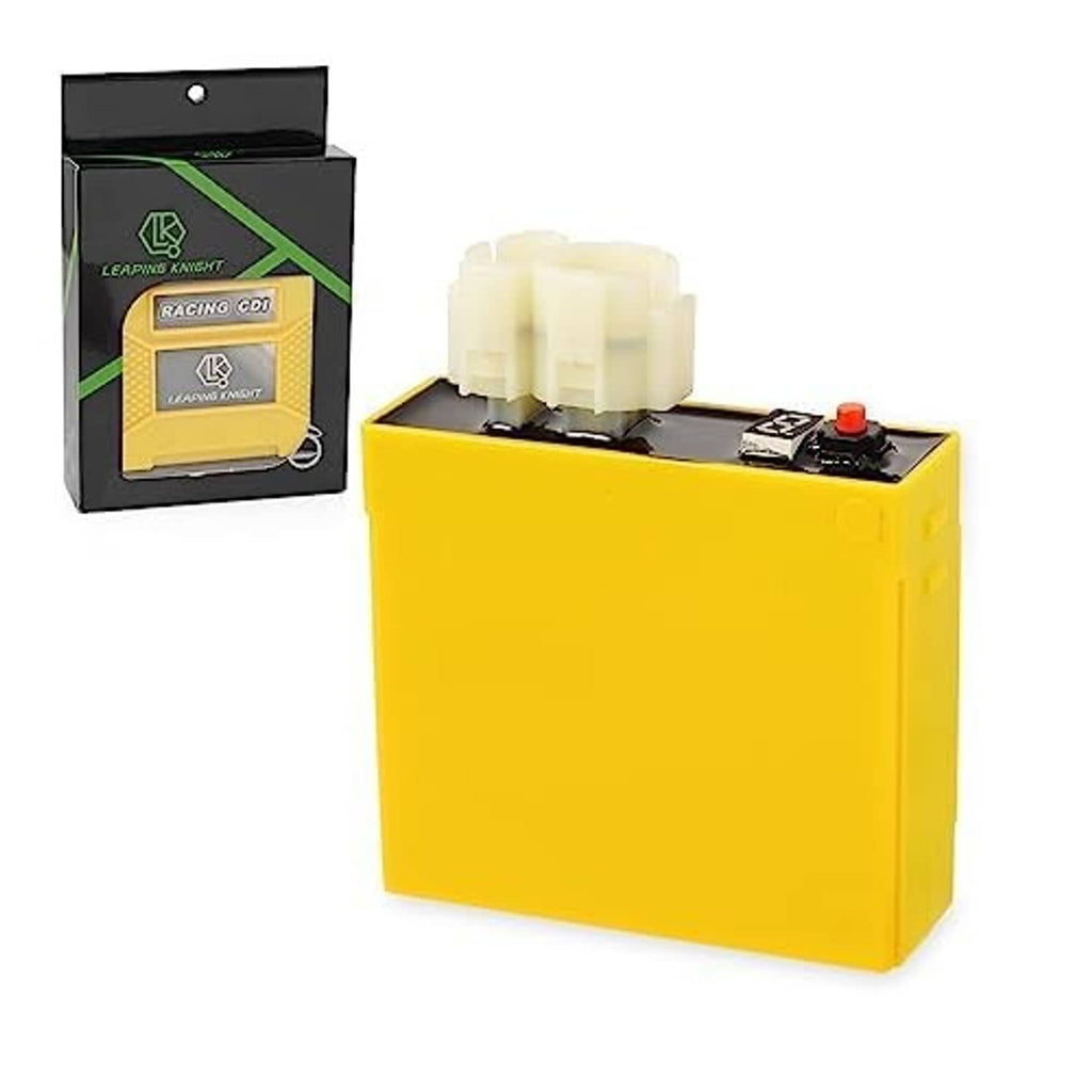 Yellow CDI ignition module with white multi-pin connector mounted on top, side view
