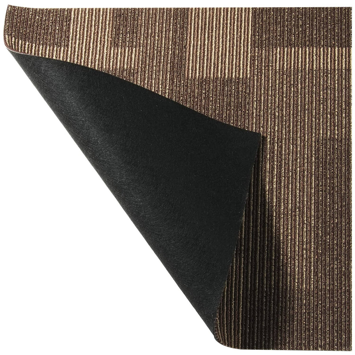 Square carpet tile edge showing dark padding backing and brown striped surface