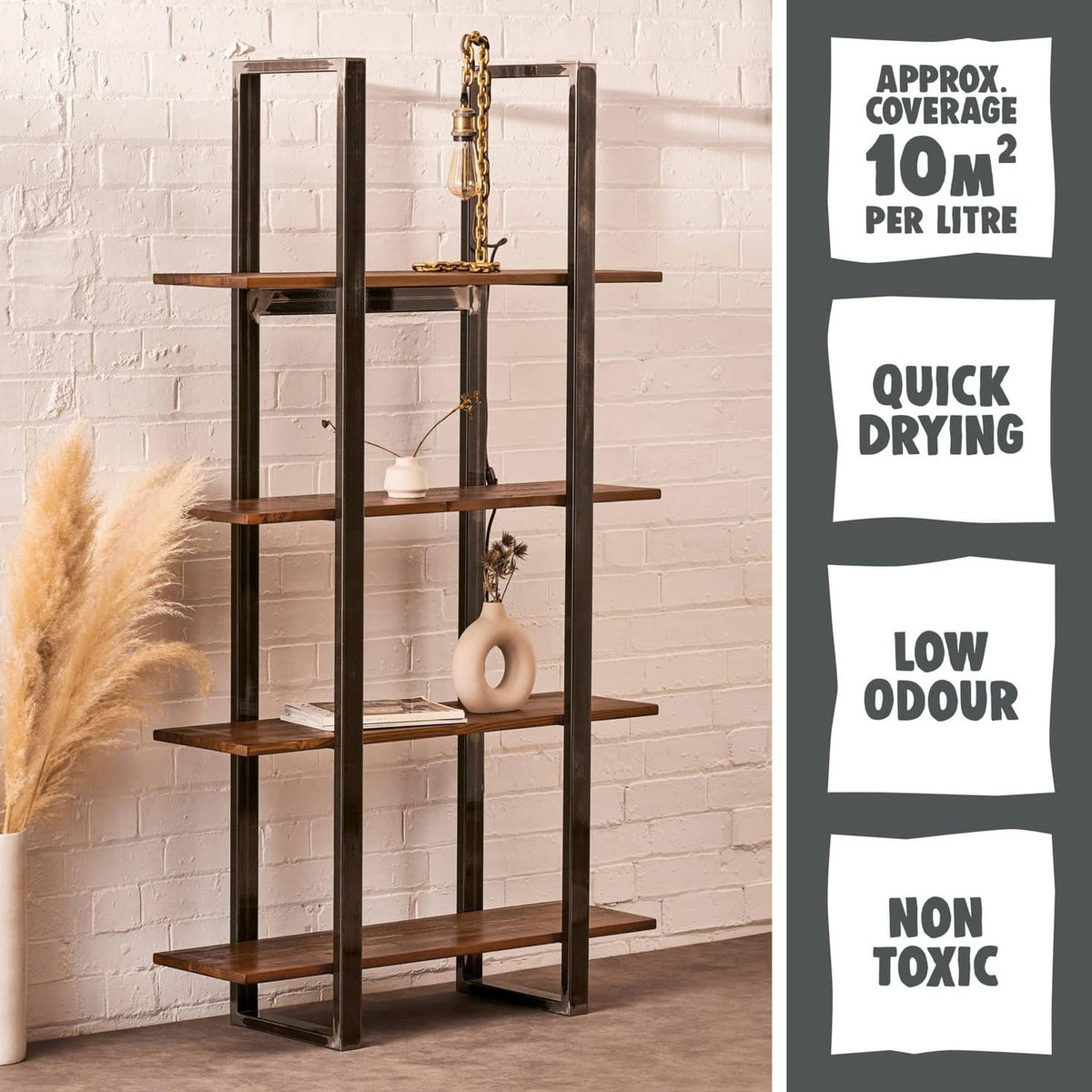 Dark stained wooden shelving unit with even coverage on timber