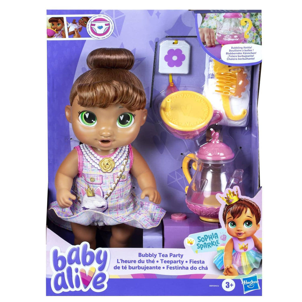 Sophia Sparkle doll in box with tea party accessories and purple bubbly tea set