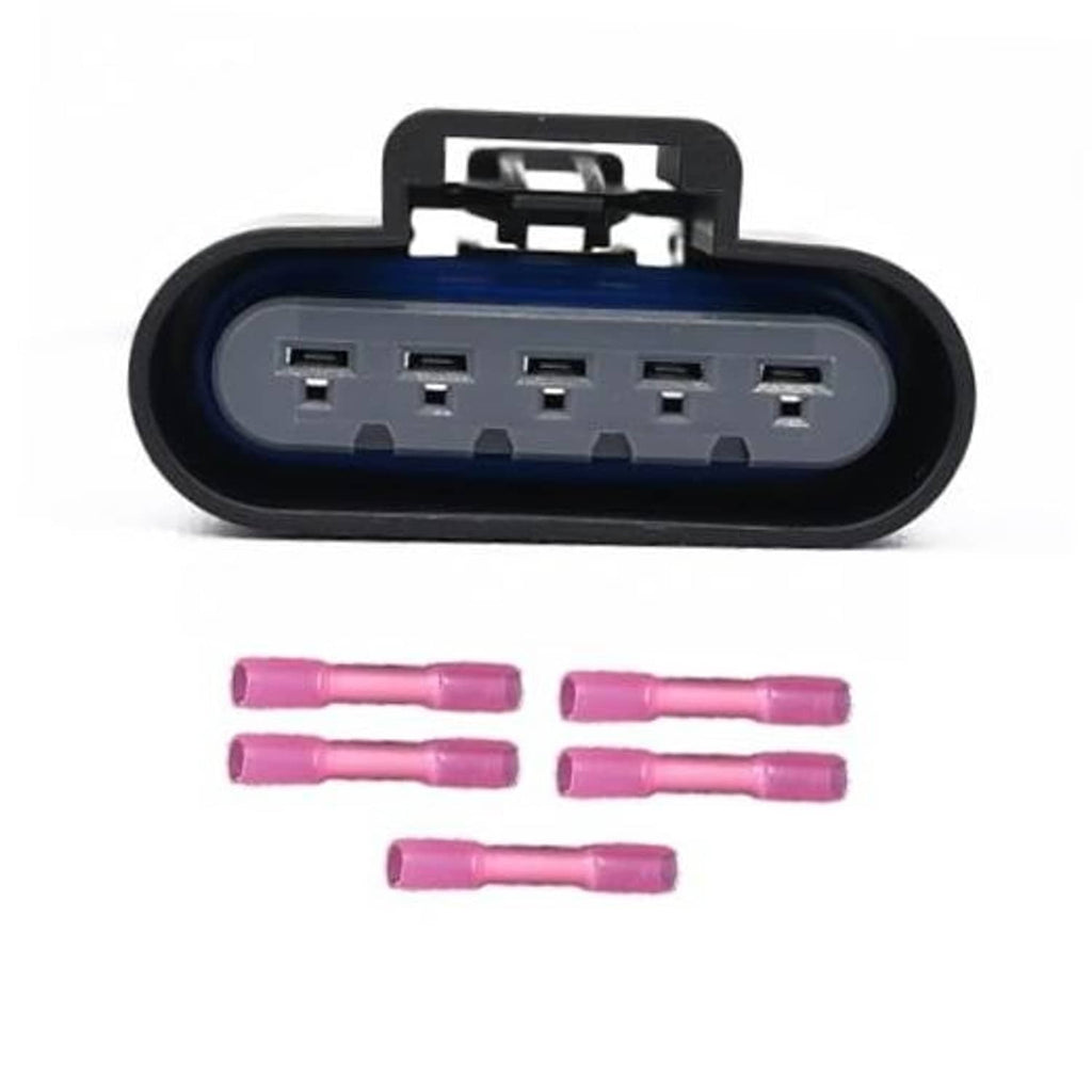 5-pin car electrical connector with pink terminal wiring, black housing and blue insert