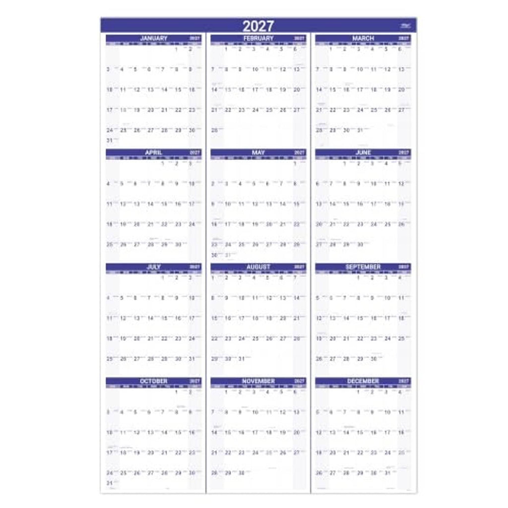 2027 purple wall calendar showing 12 month grids with blue header bars