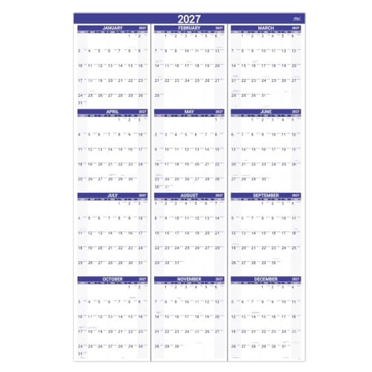 2027 purple wall calendar showing 12 month grids with blue header bars