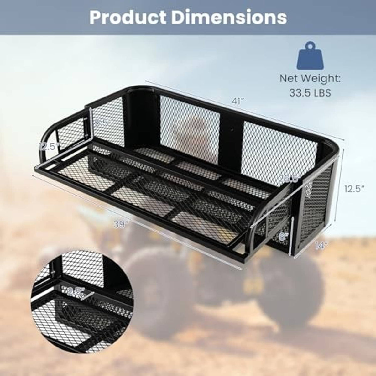 Black ATV cargo basket with mesh platform and side handle, shown with dimensions