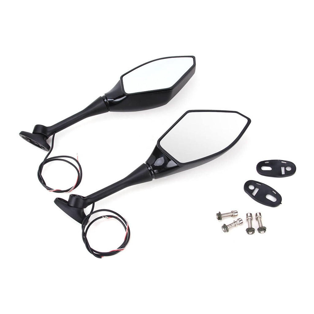 Black LED turn signal side mirrors set with clear lens, wiring, and mounting hardware