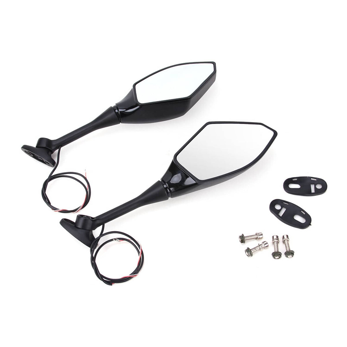 Black LED turn signal side mirrors set with clear lens, wiring, and mounting hardware