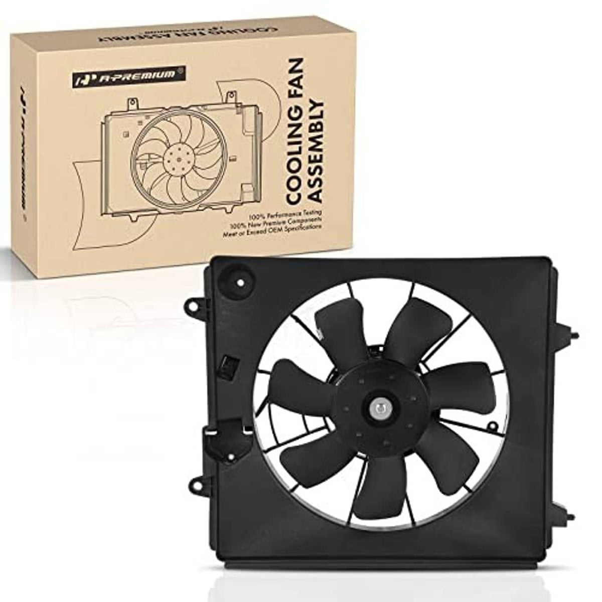 Black right A/C condenser cooling fan assembly with multi-blade fan and mounting frame