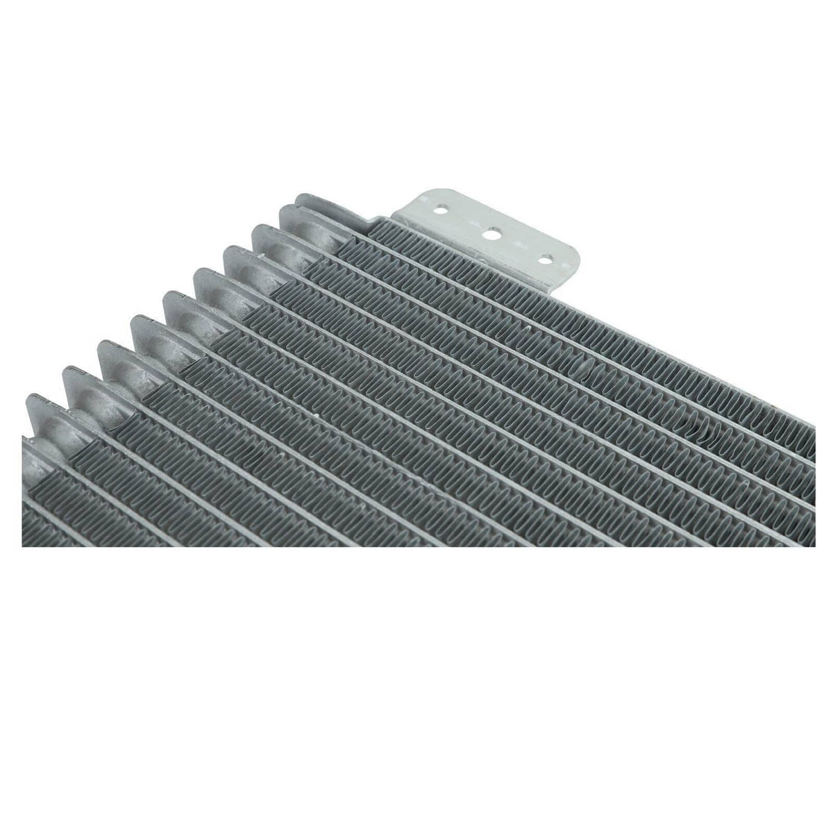 Aluminum transmission oil cooler with ribbed cooling fins and mounting holes