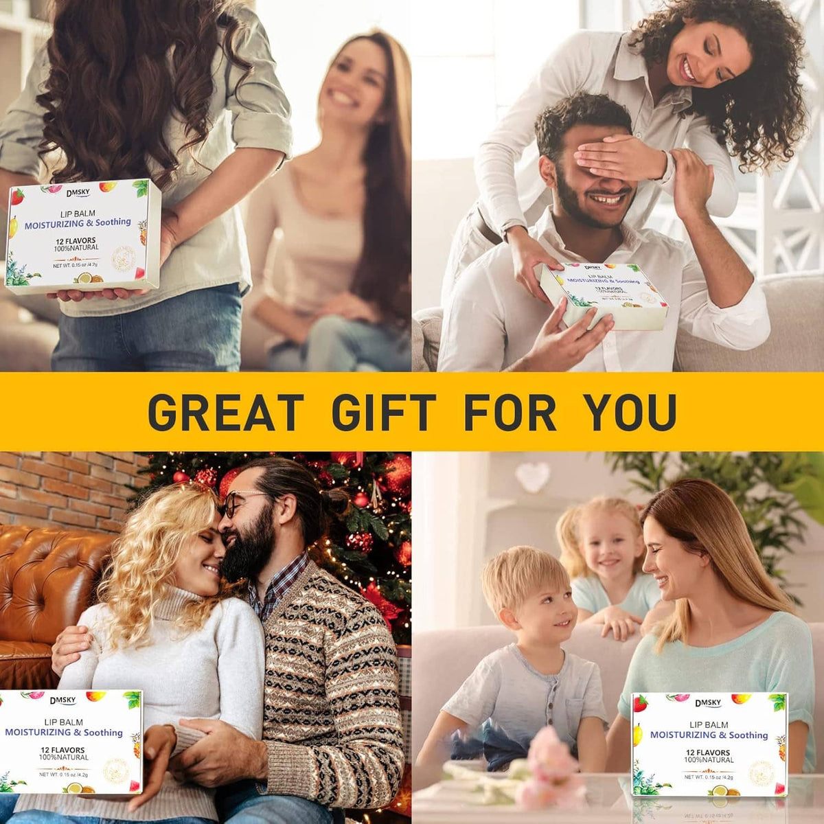 Family gift scene with lip balm multipack box and assorted balm tubes