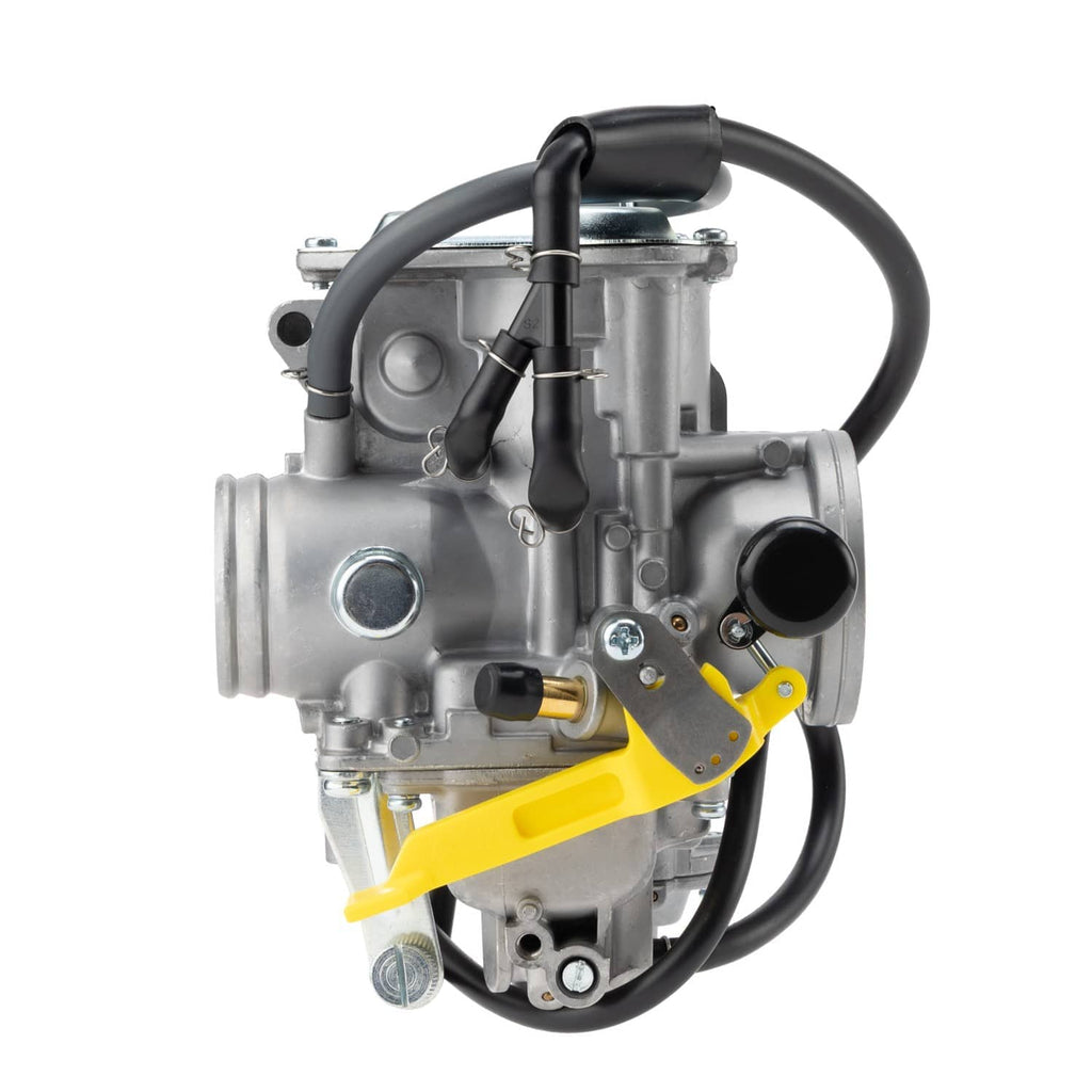 Carburetor assembly side view with silver housing and yellow bracket