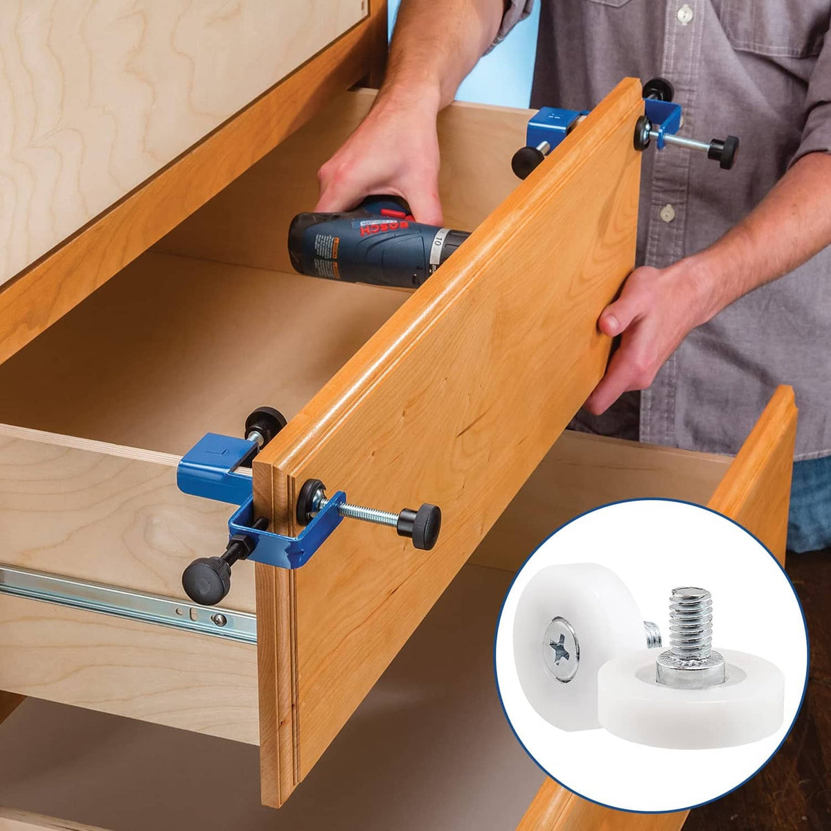 White drawer slide roller wheel with metal screw on wood drawer track