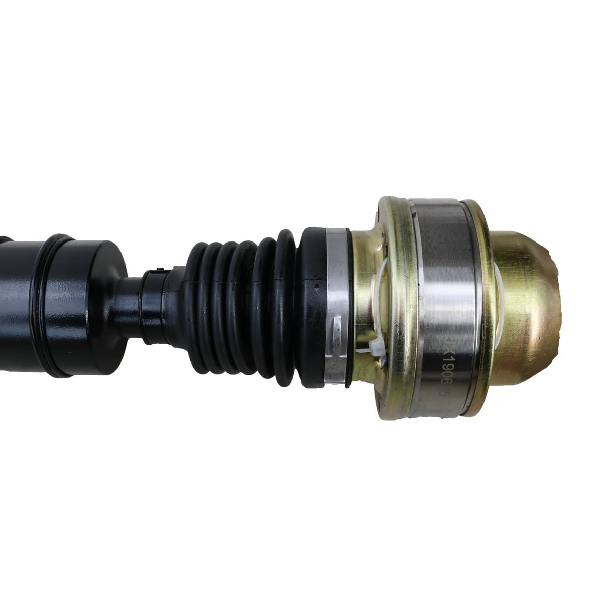 Prop driveshaft front joint with black boot and silver-gold metal end