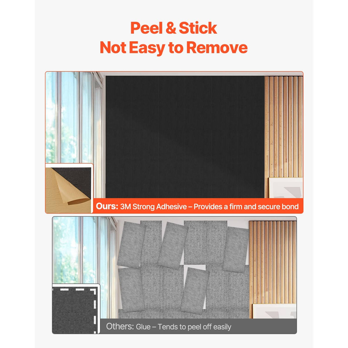 Black peel-and-stick acoustic wall panel with adhesive mounting shown