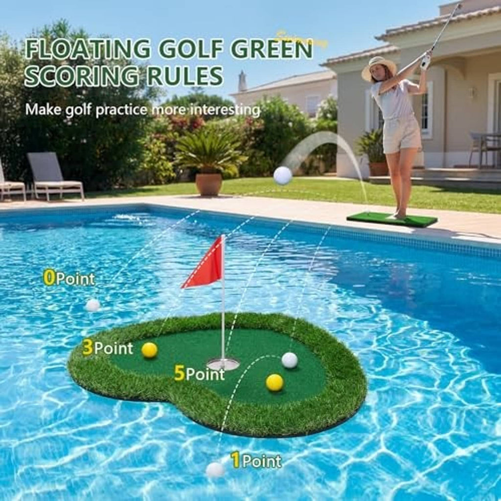 Floating golf green mat with red flag and golf balls in pool water