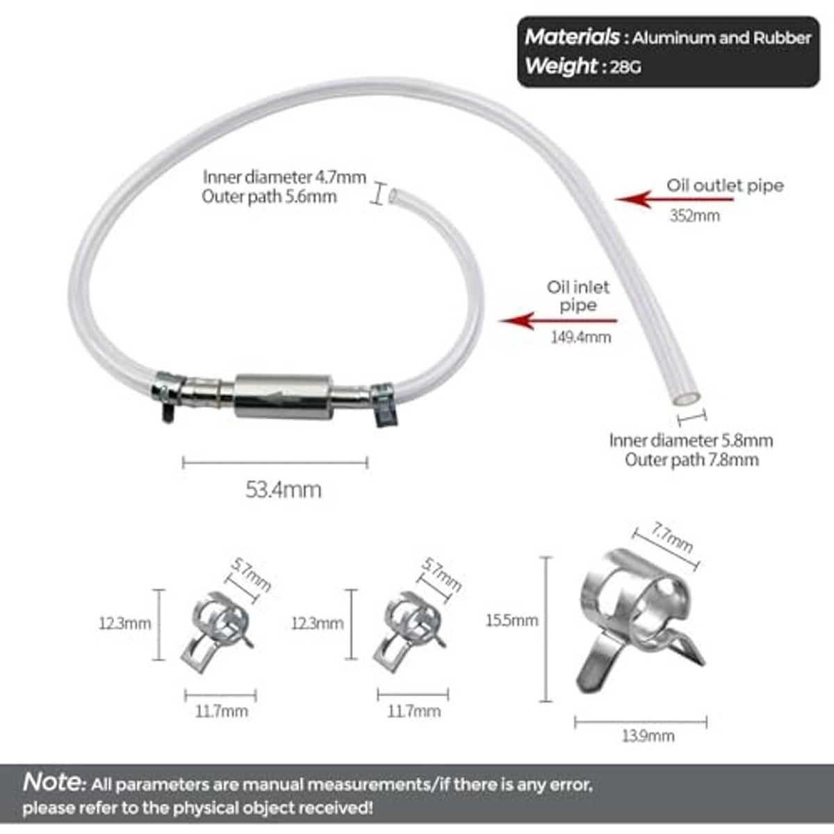Brake bleeder hose kit with rubber hose and aluminum valve port, plus mounting clamps.