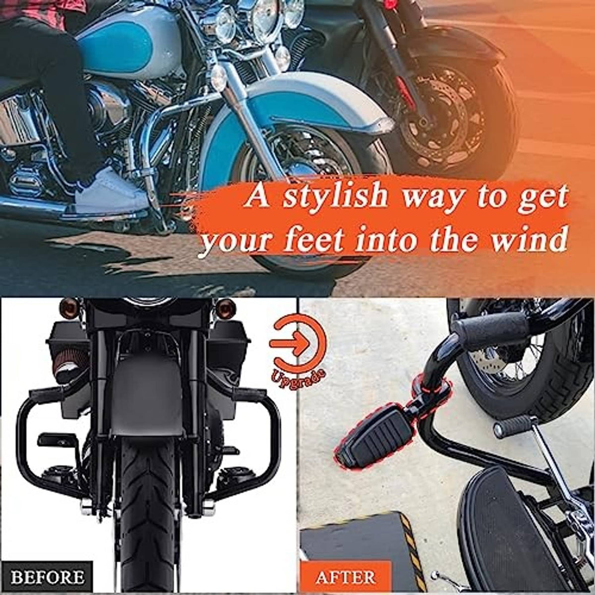 Installed gloss black highway footpegs with ridged pads and clamp brackets