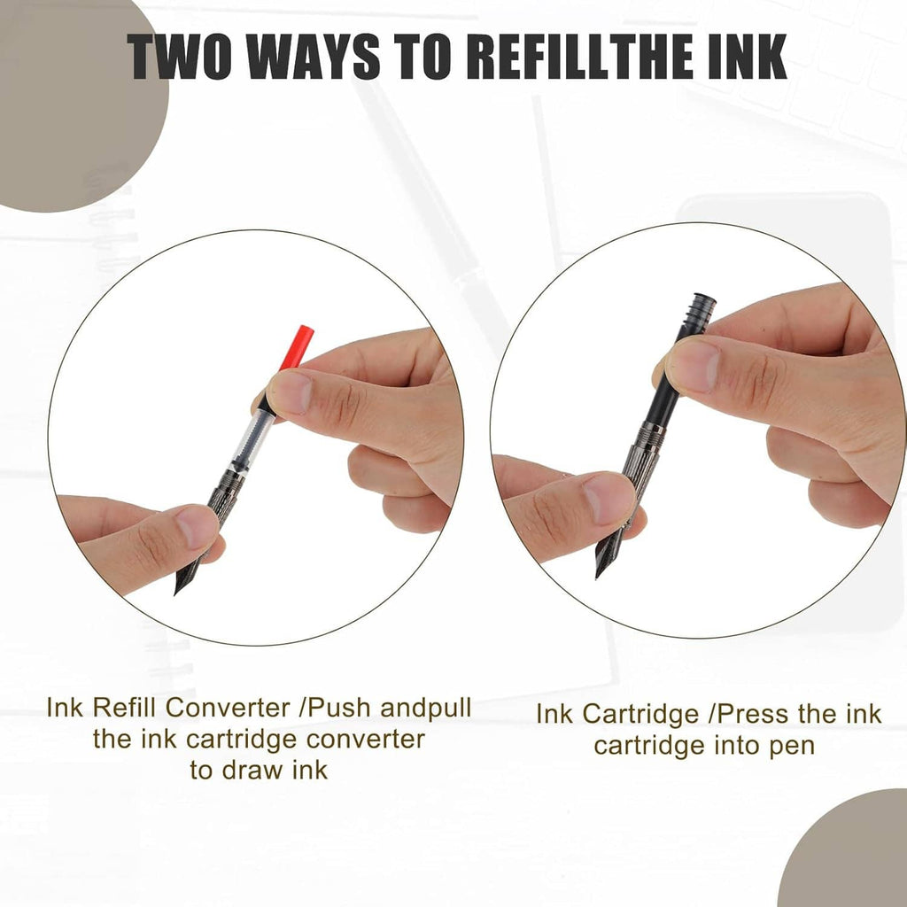 Black fountain pen with nib and ink refill converter; shows refill steps