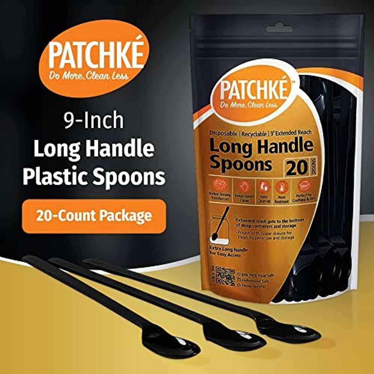 Black long-handle disposable spoons with a pack and several spoons laid across the front