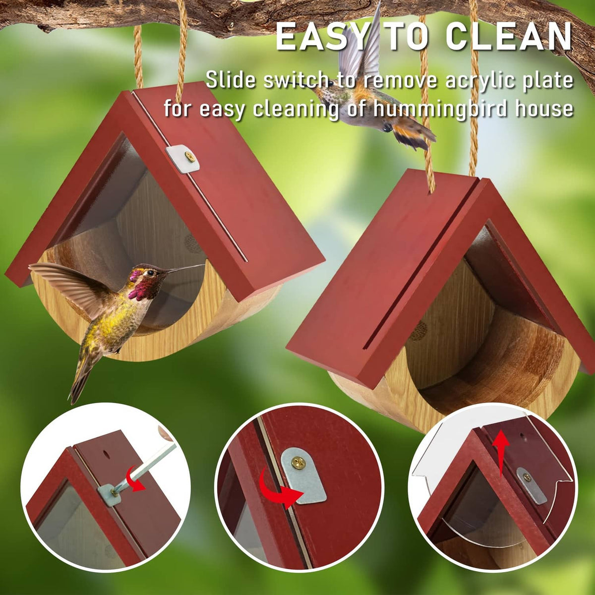 Red wooden hummingbird feeder house with side slide switch, removable acrylic panel