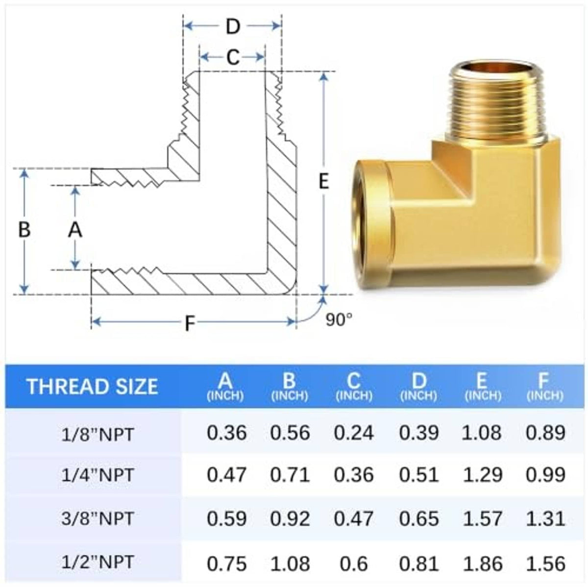 90-degree elbow pipe fitting technical diagram with dimension markers and female threads