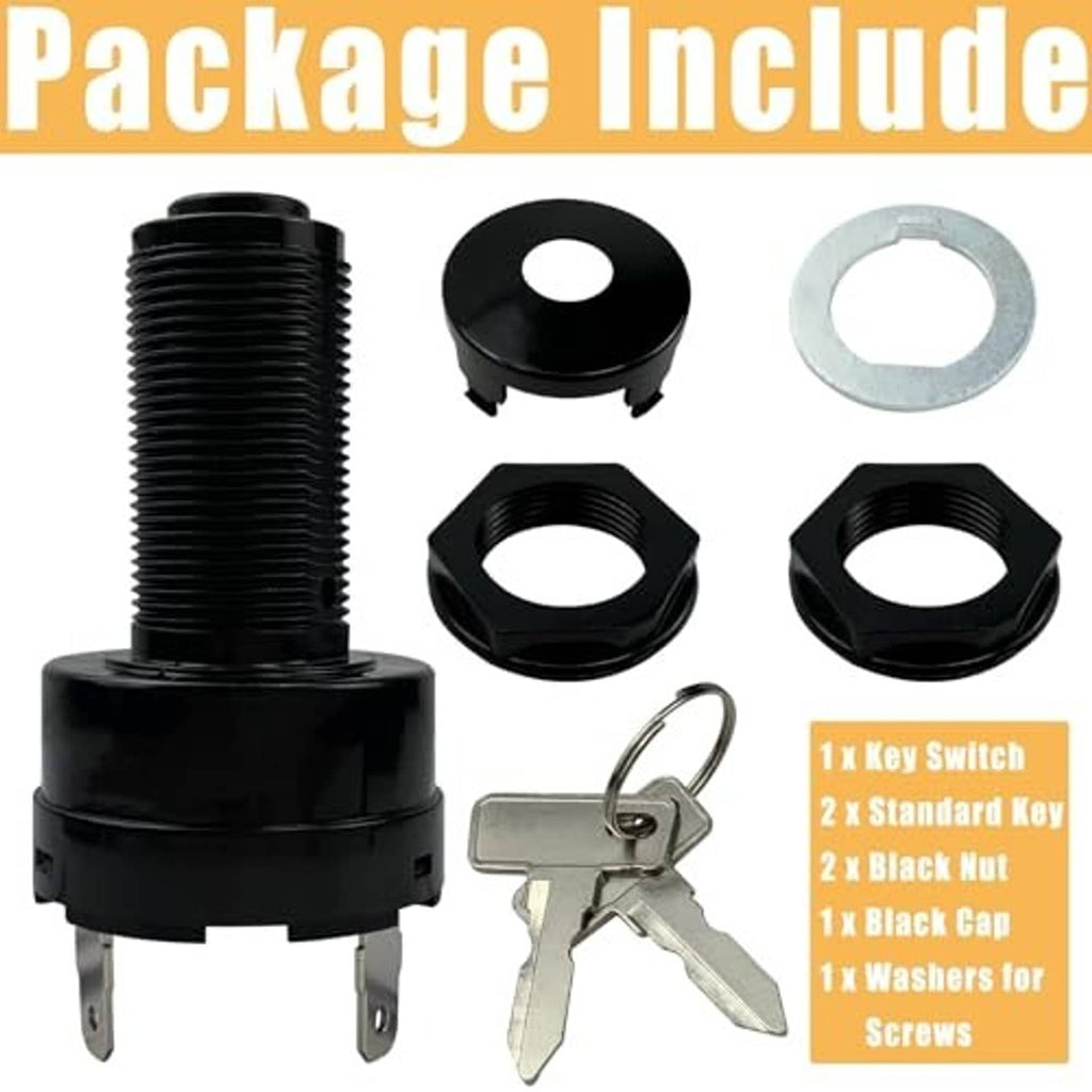 Ignition key switch kit with black switch, standard keys, black nuts, black cap, and washers