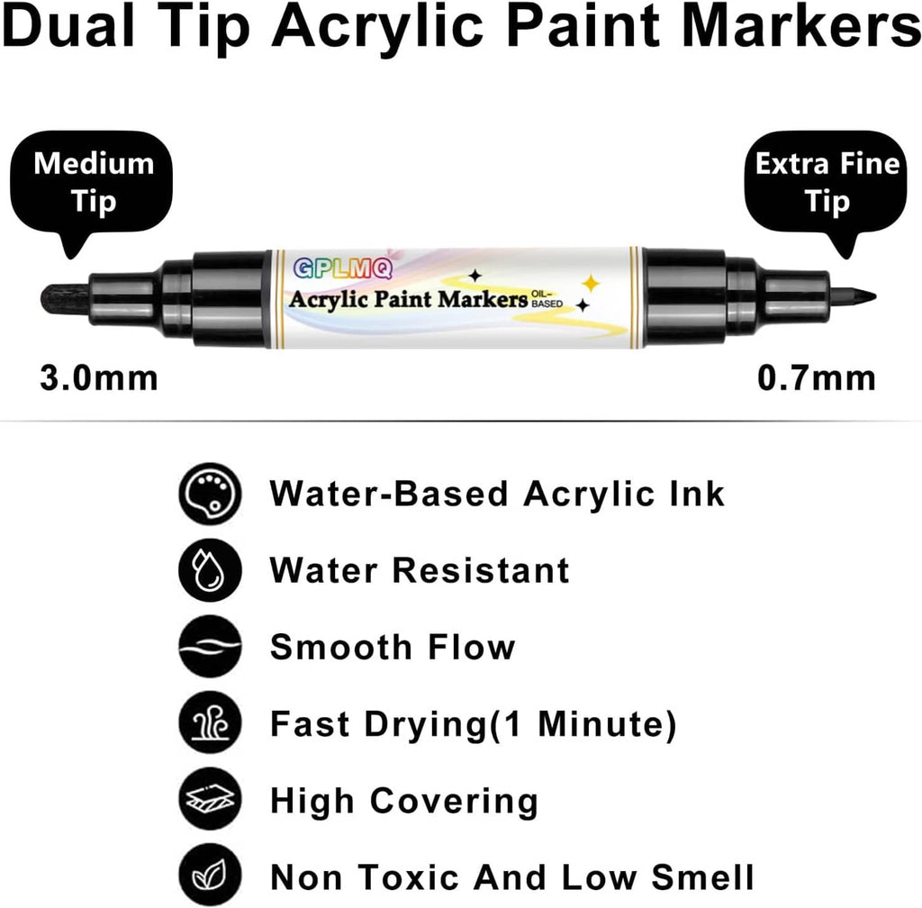 Dual-tip acrylic paint marker showing 3.0mm medium tip and 0.7mm extra-fine tip
