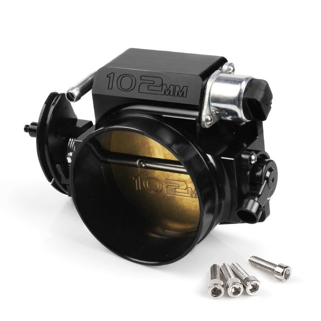 102mm throttle body angled view with black housing, gold bore, and included mounting bolts