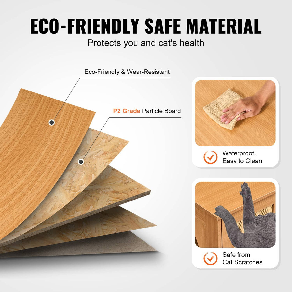 Wooden litter box enclosure material close-up with particle board panels
