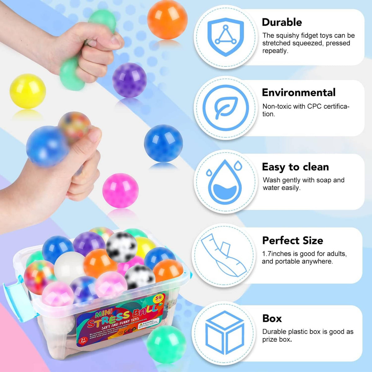 Assorted squishy stress balls held in hands, bright glossy colors