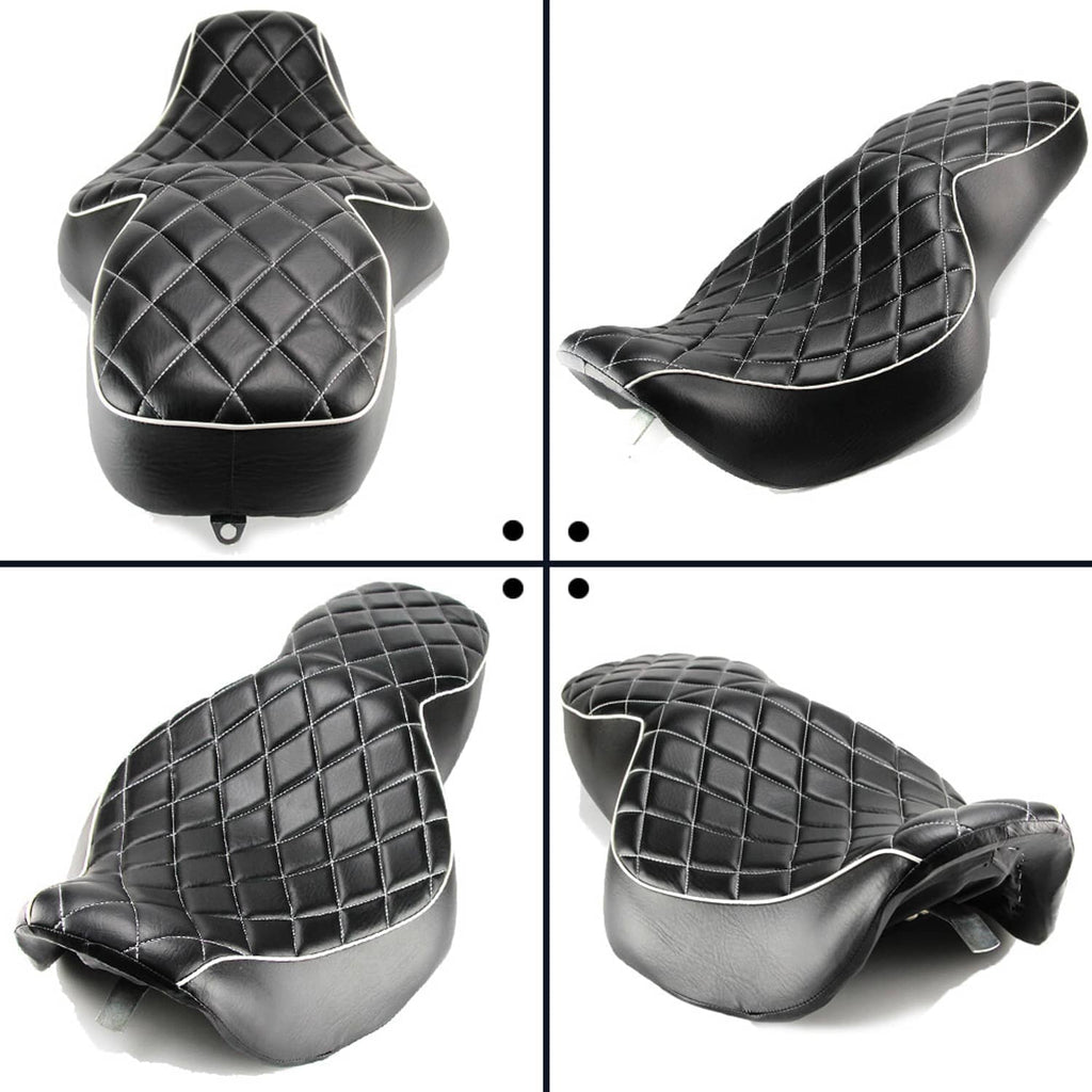 Black motorcycle two-up seat shown from multiple angles; diamond quilt and white trim.