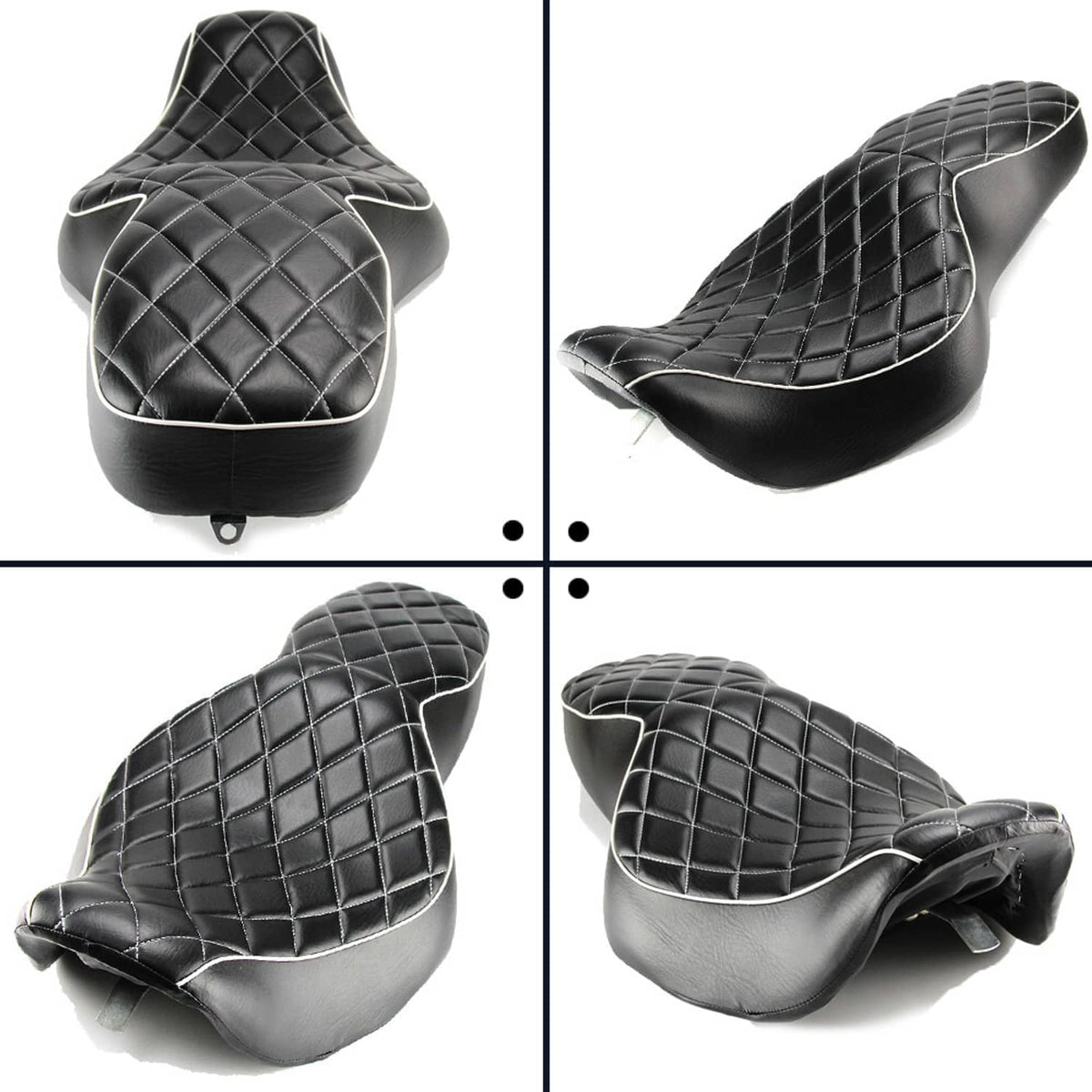 Black motorcycle two-up seat shown from multiple angles; diamond quilt and white trim.