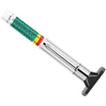 Color-coded tire tread depth gauge with chrome stem and black tripod base